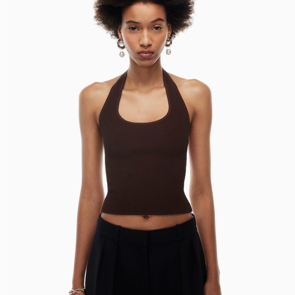 EUC Aritzia Babaton Sculpt Knit ‘Coffee Bean’ Dark Brown Backless Halter Top XS